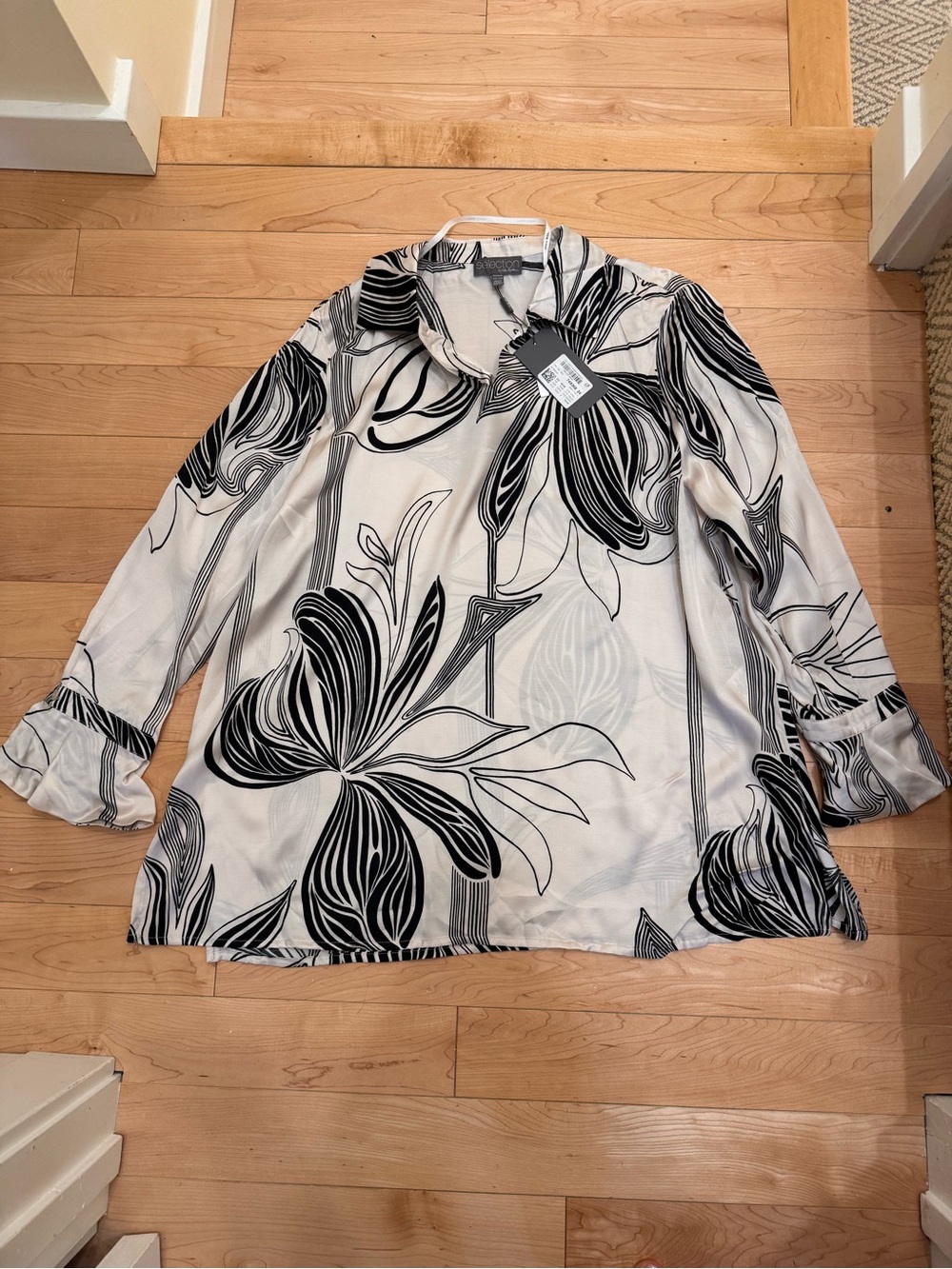 Ulla Popken Black and Cream Floral Print Blouse